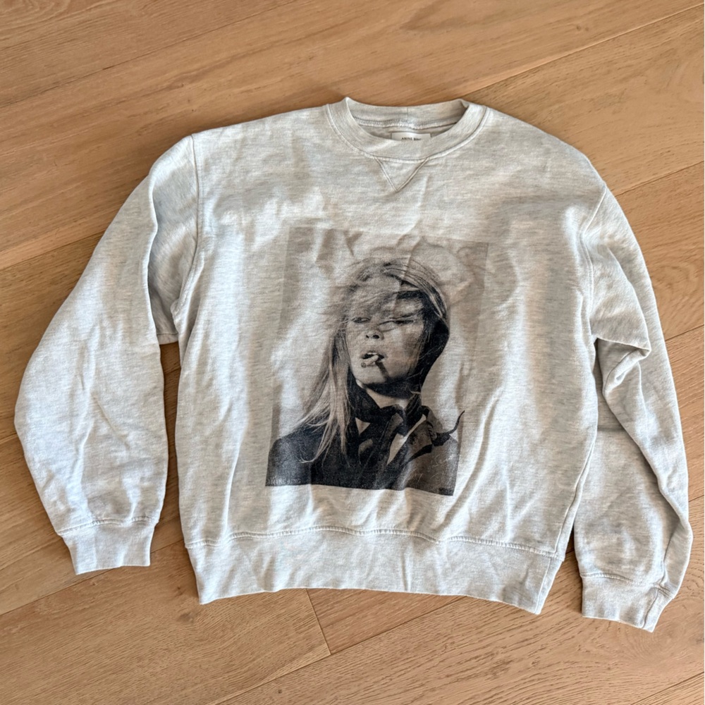 Anine Bing Light Gray Crewneck Sweatshirt with Monochrome Portrait